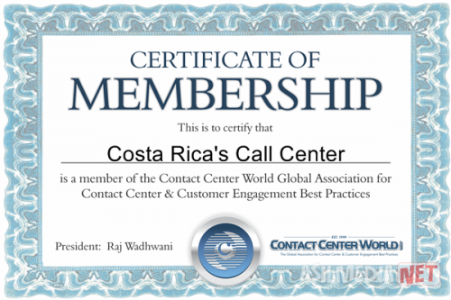 CONTACT CENTER WORLD CERTIFICATE OF MEMBERSHIP COSTA RICA'S CALL CENTER